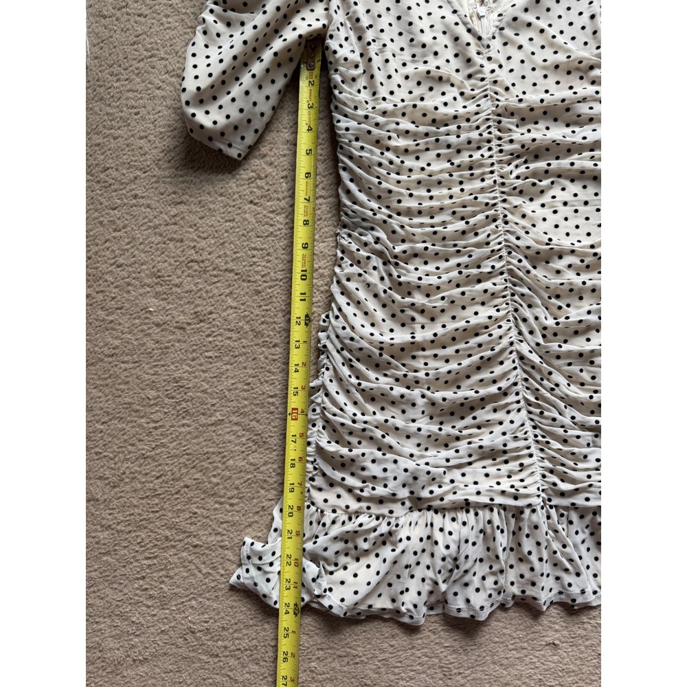Maeve Anthropologie Polka Dot Ruched Mini Dress Puff Sleeve Cream Black Size M - Picture 6 of 7